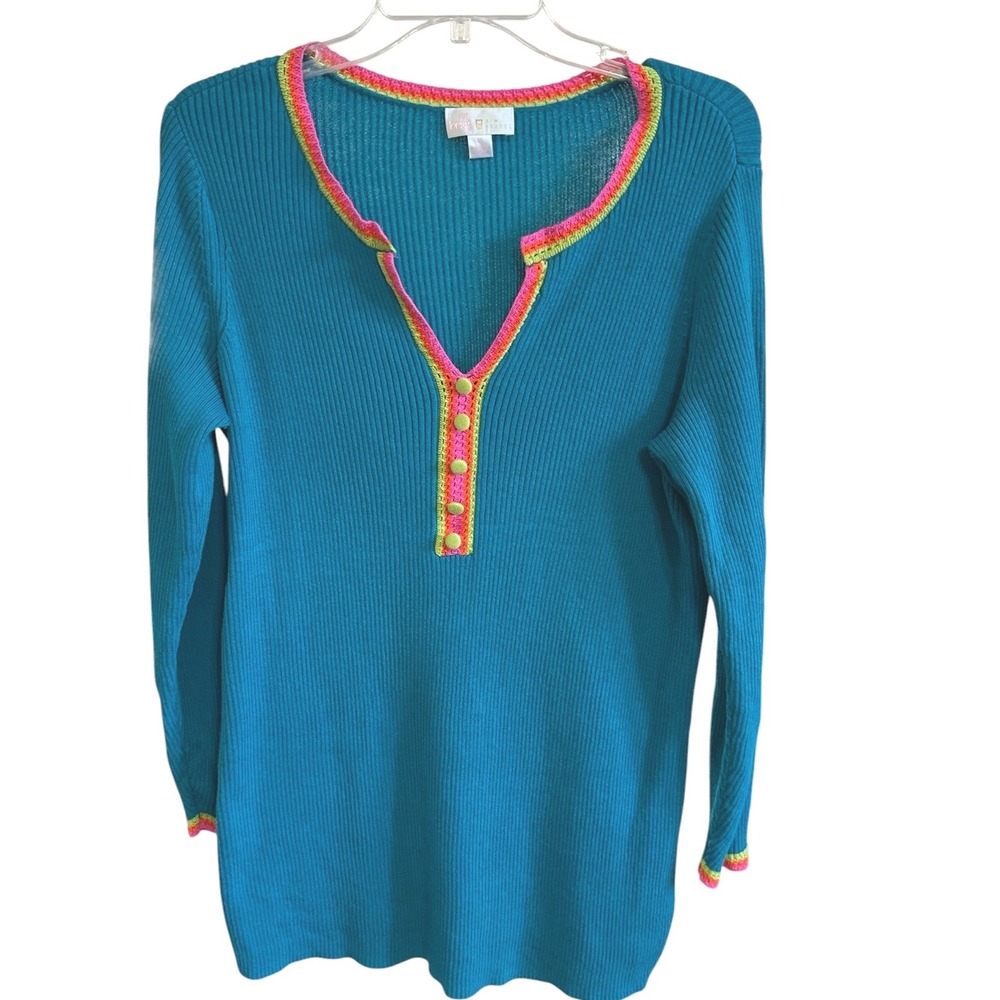 Belle by Kim Gravel Sweater Womens 1X Teal Blue Ribbed Crochet Trim Henley Boho